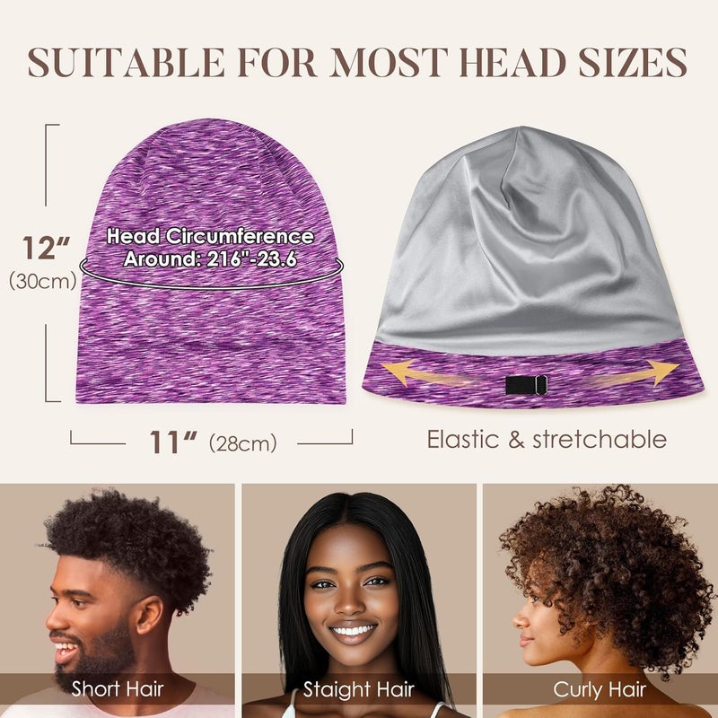 LULUSILK Mulberry Silk Lined Sleep Cap, No More Frizzy Tangled Hair, Stay On Silk Hair Wrap for Sleeping with Adjustable Strap, Silk Bonnet for Women and Men, Assorted Color Purple, Pack of 1 - Image 5
